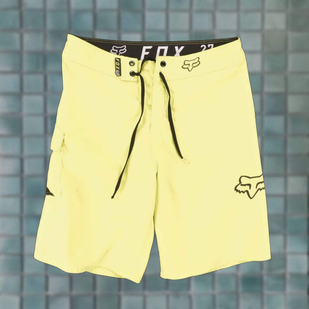 Vintage Fox Head Board Shorts Mens 27 Yellow Drawstring Pockets | 100% Polyester | Above-the-Knee | Regular Size Size US 27 - 1 Thumbnail