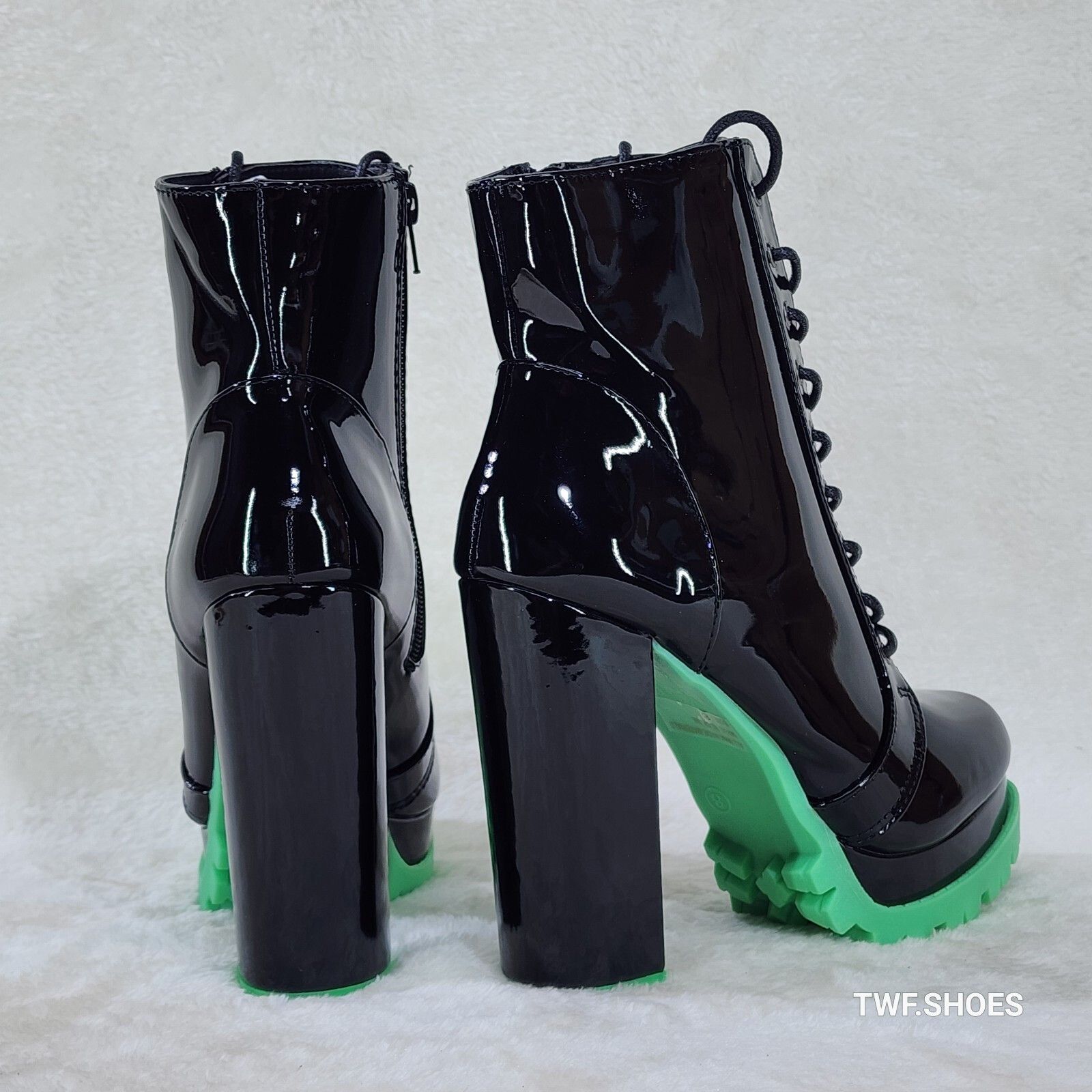 Other Vivian Black Patent Neon Green Lug Sole Chunky Heel Platform Size US 7.5 / IT 37.5 - 5 Thumbnail