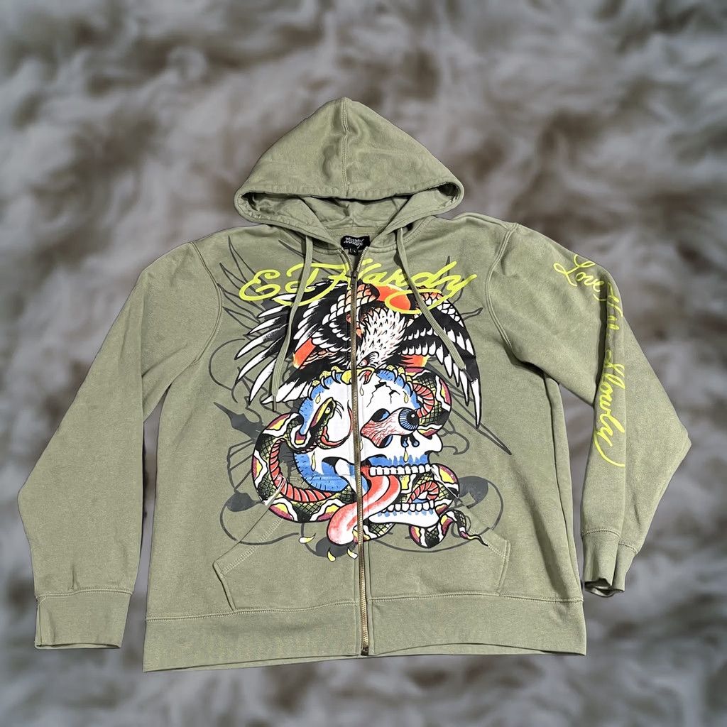 Ed Hardy Ed Hardy Hoodie Mens Large Green Full Zip Skull Snake Eagle ...