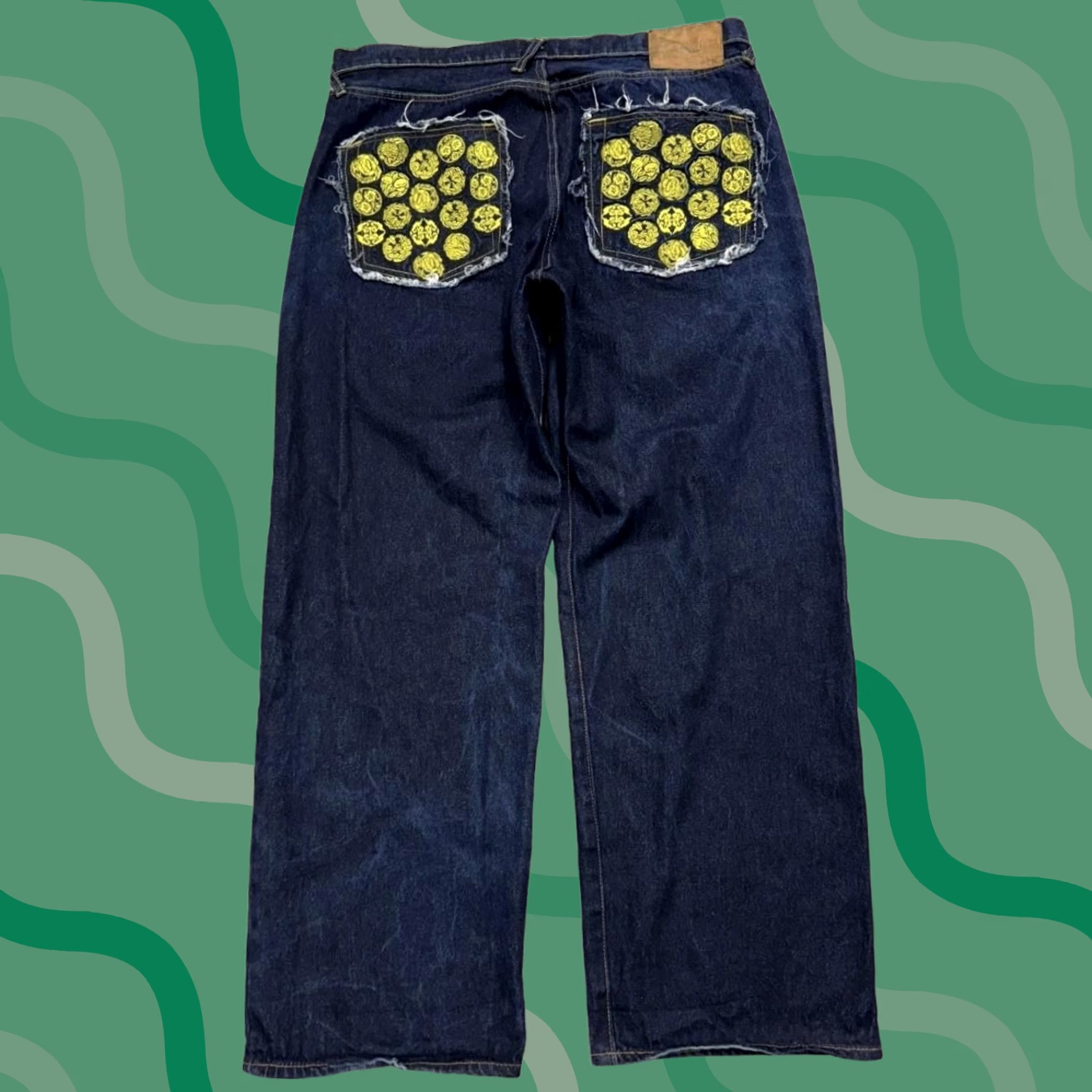 RMC Jeans Red Monkey Jeans Mens 38x32 Denim Pockets Rare Wide Leg Selvedge Distressed Embroidered Blue 90s Vintage Art Tattoo Japanese Clearance Size US 38 / EU 54 - 1 Thumbnail