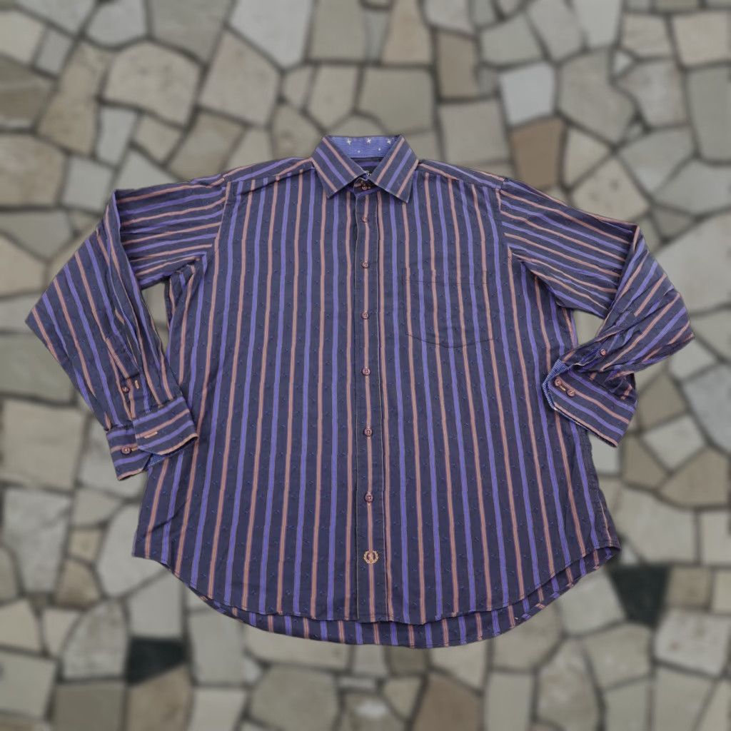 BUGATCHI Bugatchi Uomo Shirt Mens Large Striped Blue Brown Flip Cuffs Button Long Sleeve Size US L / EU 52-54 / 3 - 1 Thumbnail