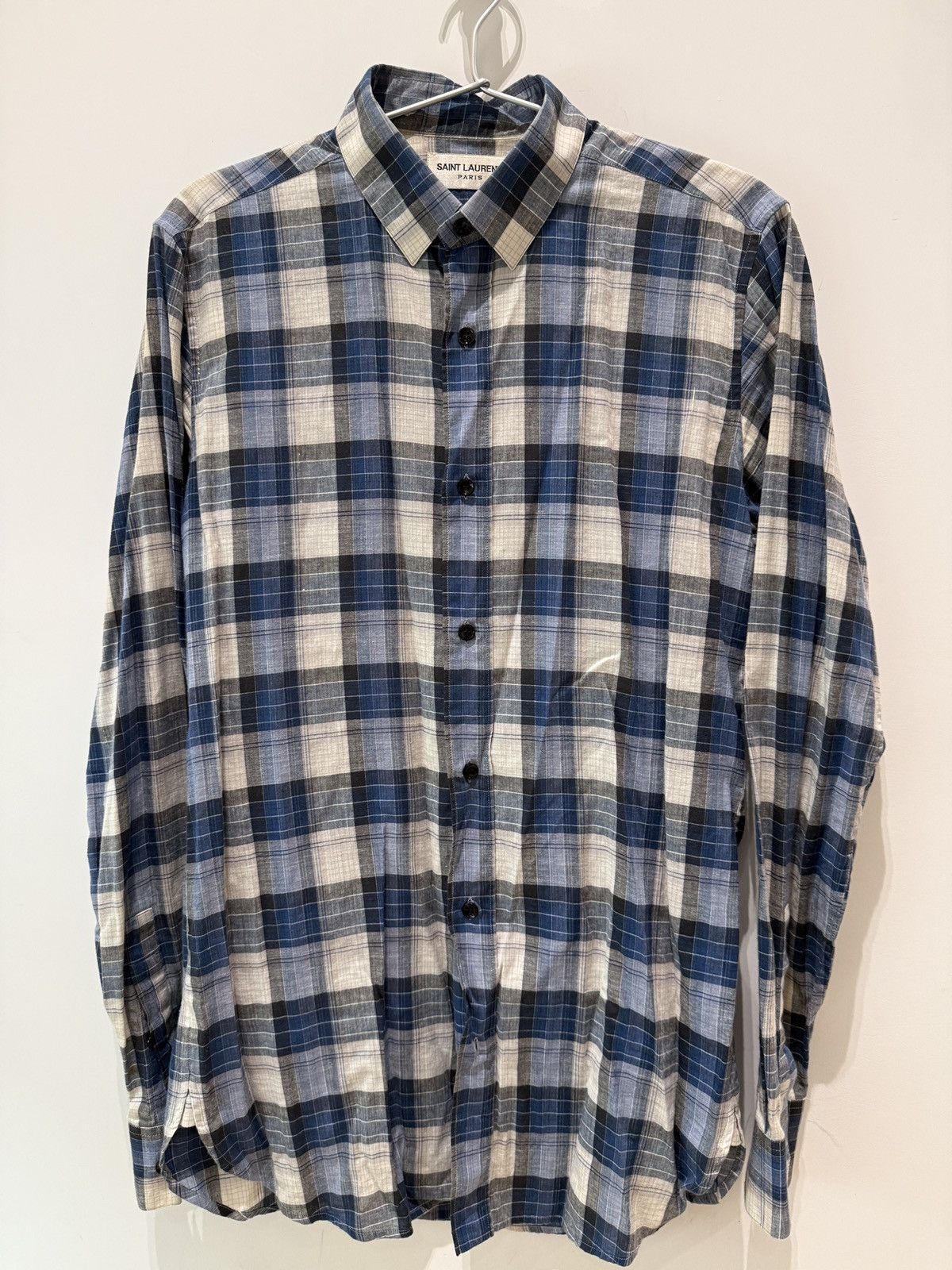 Hedi Slimane × Saint Laurent Paris Saint Laurent Paris Blue Checked Plaid Shirt  size 38 | Grailed