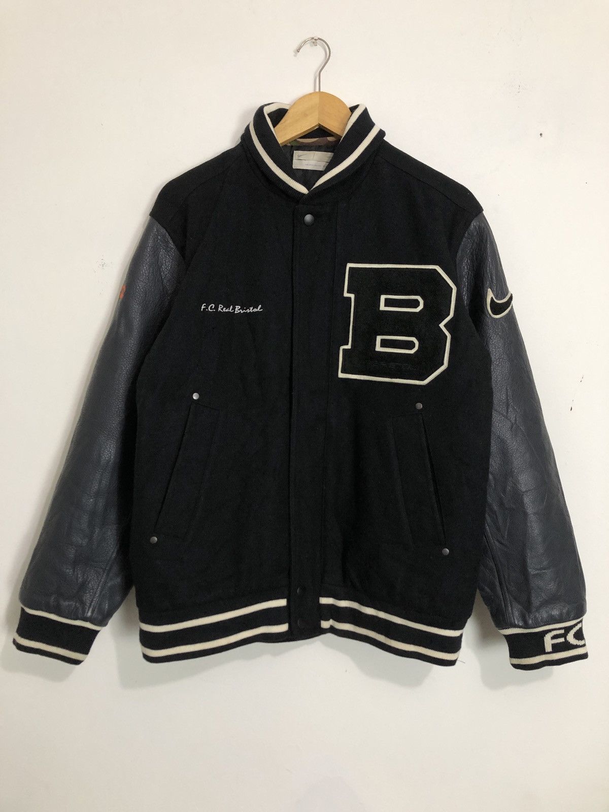 image of F C R B x Nike Exclusive For The Fcrb Wool Leather Varsity Jacket in Black, Men's (Size Medium)