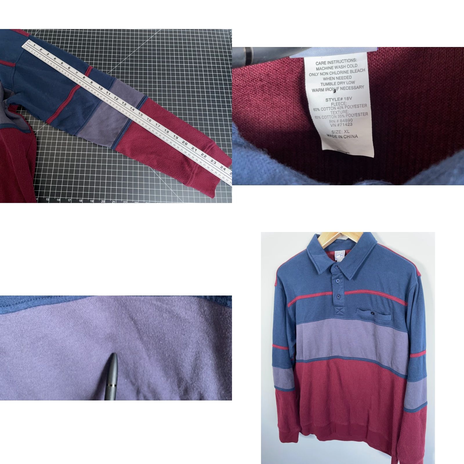 Haband Haband Polo Shirt Mens Adult XL Red Blue Striped Retro Textured Waffle Knit Long Sleeve Size US XL / EU 56 / 4 - 8 Thumbnail