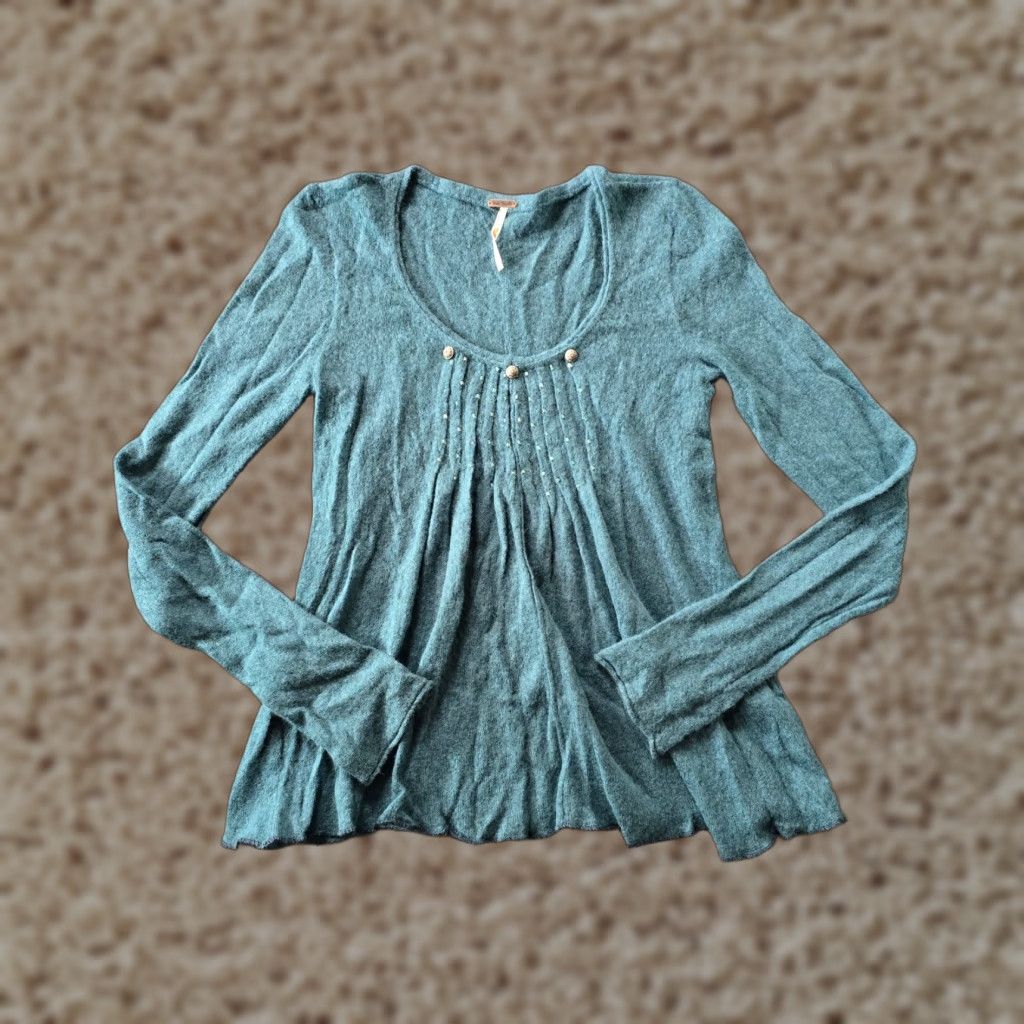Free People Free People Sweater Womens Size S Green Merino Wool Beaded Sheer Casual Boho Pullover Long Sleeve Round Neck Knit Open-Knit Atlantic Bohemian Size S / US 4 / IT 40 - 1 Thumbnail