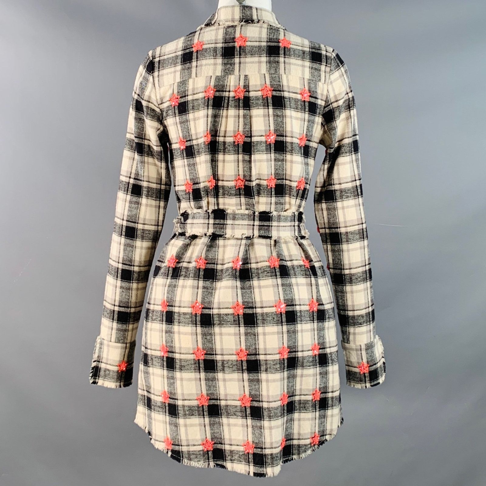 Other Beige Black Cotton Plaid Raw Edges Belted Mini Shirt Dress Size XS / US 0-2 / IT 36-38 - 4 Thumbnail
