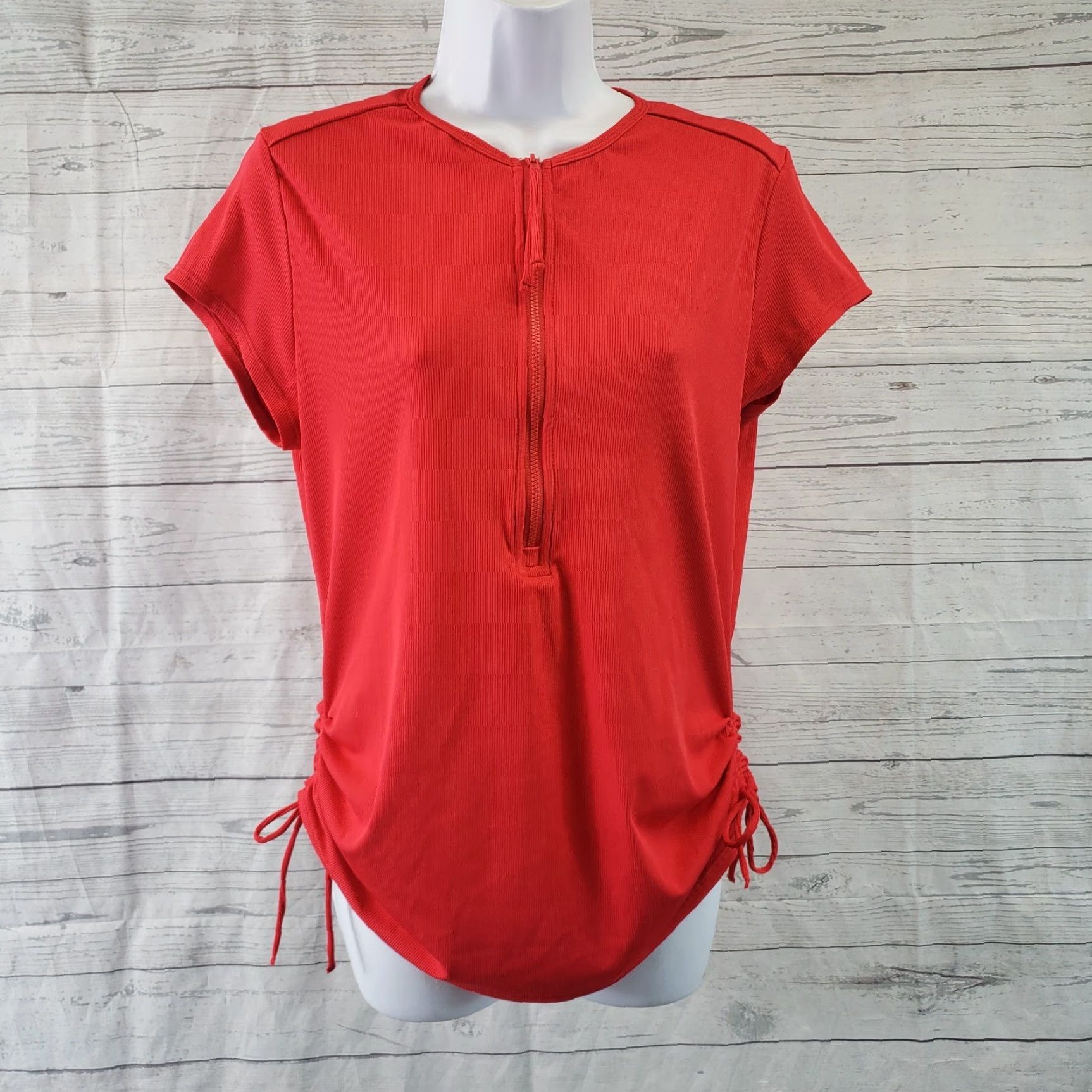 Vintage Carve Designs Womens Ribbed 1/2 Zip Top Sz L Red Short Sleeve Ruched Sides T-Shirt Baseball 1/2 Zip Size L / US 10 / IT 46 - 2 Thumbnail