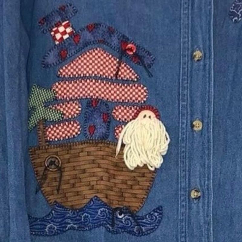 Vintage Haiks Holiday Blue Denim Button Down Shirt Santa Moose Fish Size M / US 6-8 / IT 42-44 - 2 Thumbnail