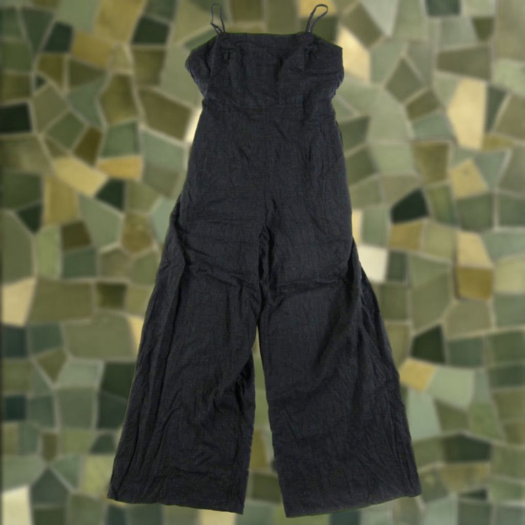 Vintage Francesca's Jumpsuit Romper Womens One-Piece Linen Black Pocket Wide Leg Sleeveless Square Neck Zipper L Medium NWT Size 36" / US 14 / IT 50 - 1 Thumbnail