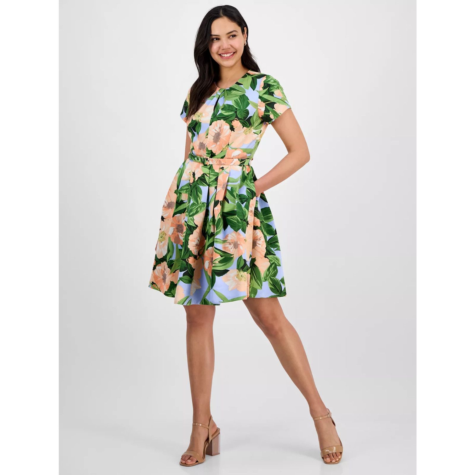 Other Tahari ASL Fit Flare Pleated Dress Peach Magnolia Floral Size XL / US 12-14 / IT 48-50 - 1 Thumbnail