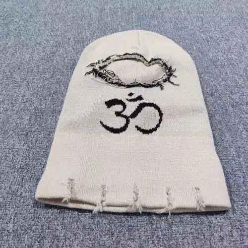 Other Aum Om Pray Symbol Distressed Knit Balaclava Ski Mask Beige Size ONE SIZE - 1 Thumbnail