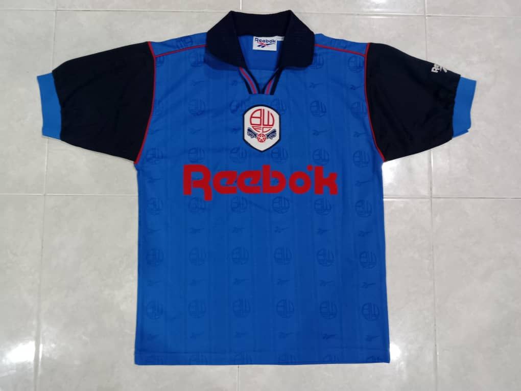 image of Reebok x Soccer Jersey Vintage Bolton Wanderers 95/97 Home Kit in Black/Blue, Men's (Size Small)