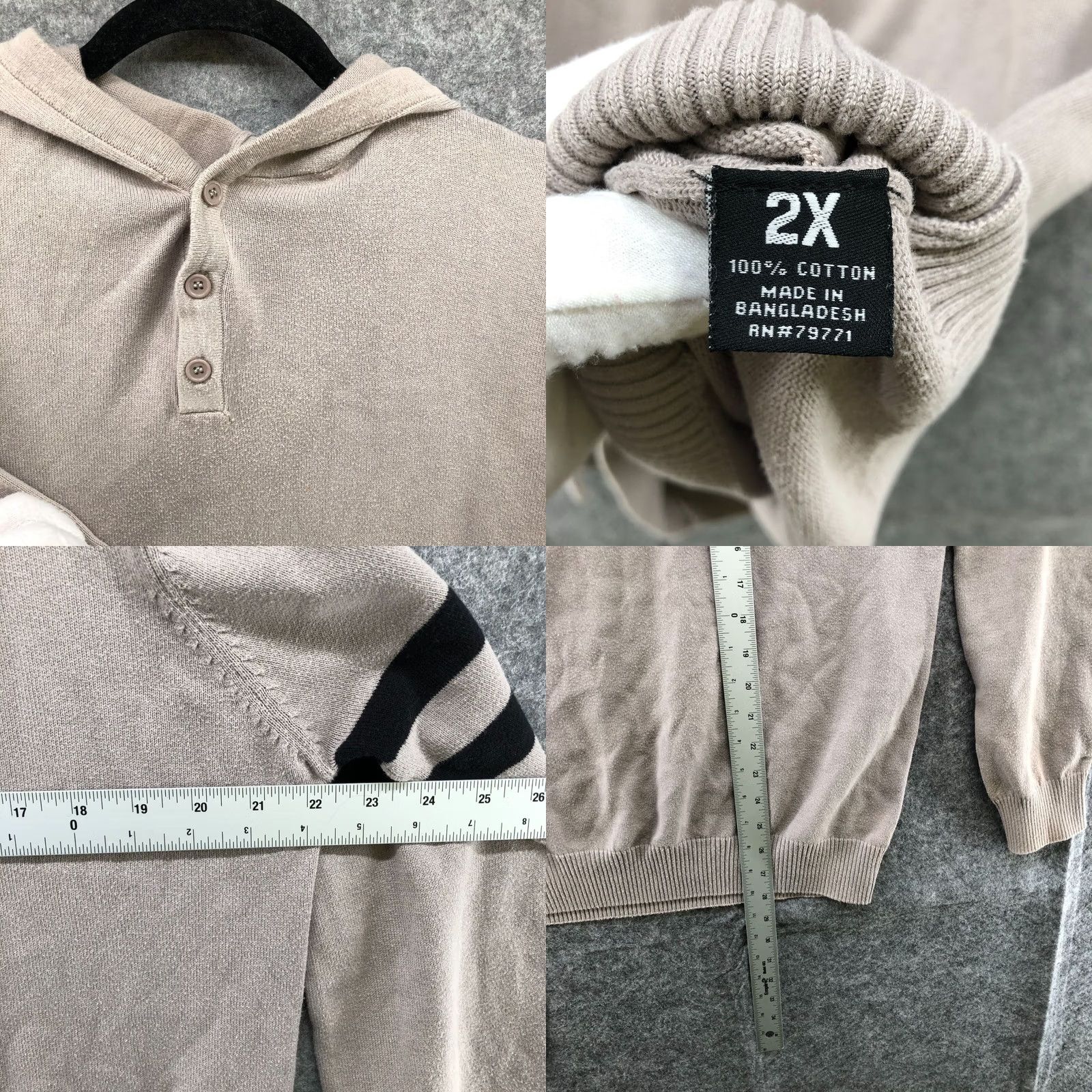 Vintage Decibel Mens Cotton Henley Hoodie Beige 2X Pullover Knit Striped Crew Neck Casual 90s Retro Hooded Sweater (Men) Size US XXL / EU 58 / 5 - 8 Thumbnail