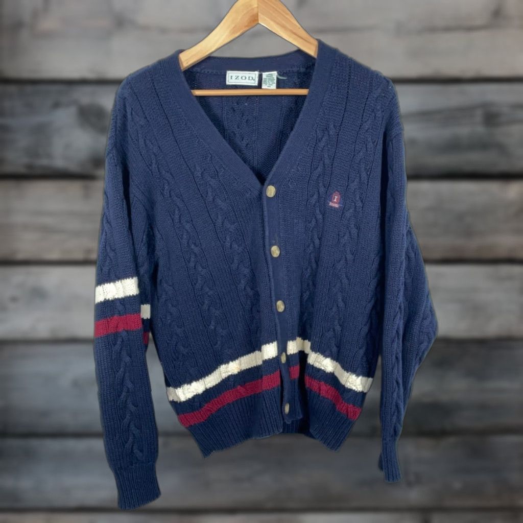 Izod VINTAGE IZOD Sweater Cardigan Men Large Dark Blue Cable-Knit Cotton Striped 90s Preppy Tennis Cricket Mens Size US L / EU 52-54 / 3 - 1 Thumbnail