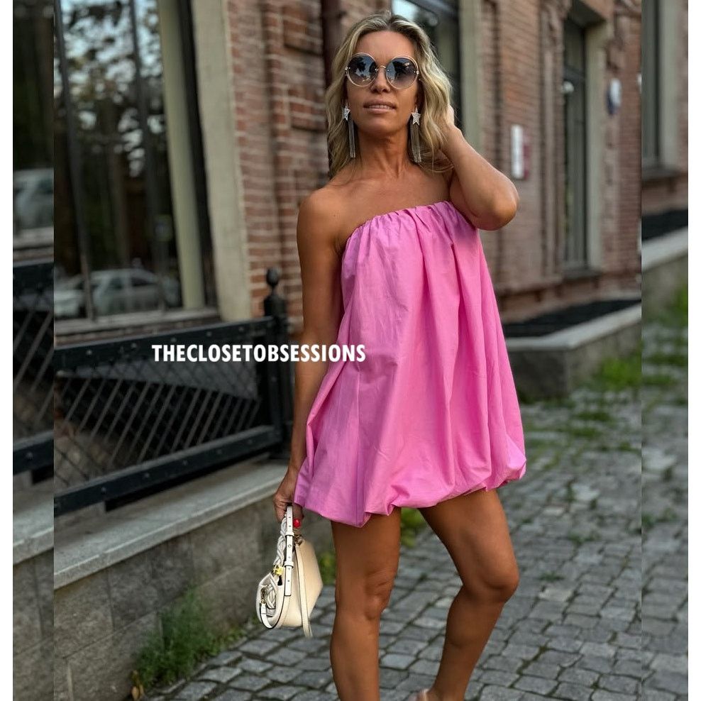 pink strapless dress zara Pink Ruched Strapless Dress by Zara