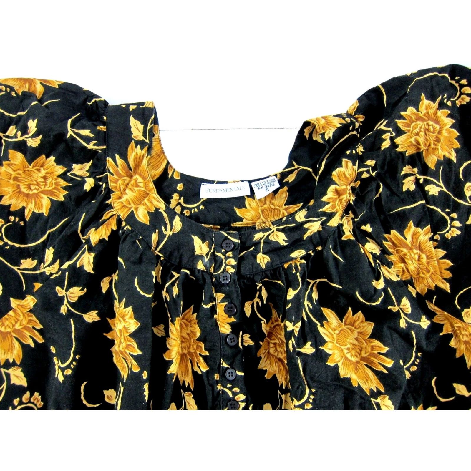 Vintage Fundamentals Cotton Black Yellow Floral Short Sleeve Muumuu Dress S Size 28" / US 6 / IT 42 - 4 Thumbnail