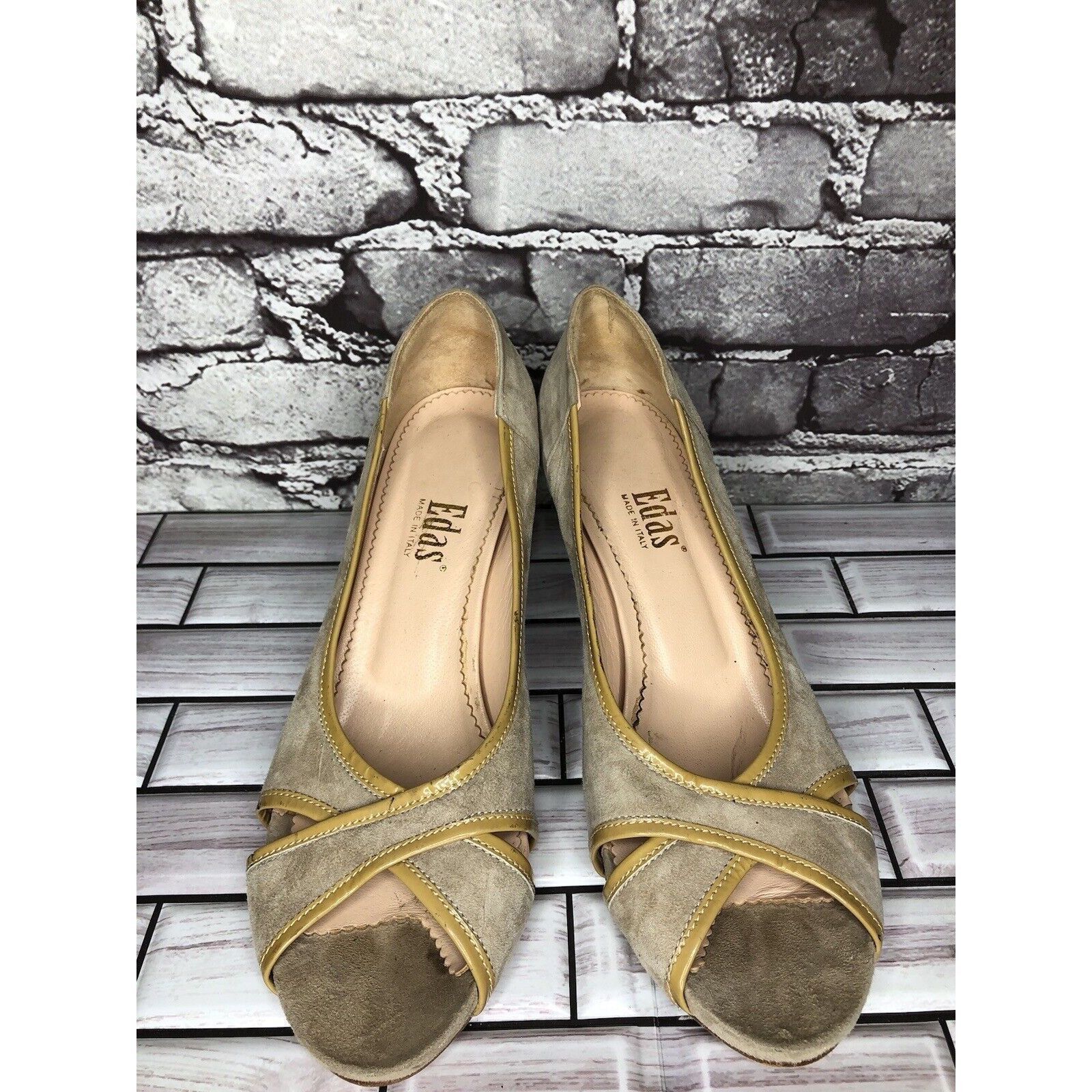Other Edas Beige Suede Leather Patent Lining Peep Toe Dress Heels Size US 10 / IT 40 - 9 Thumbnail