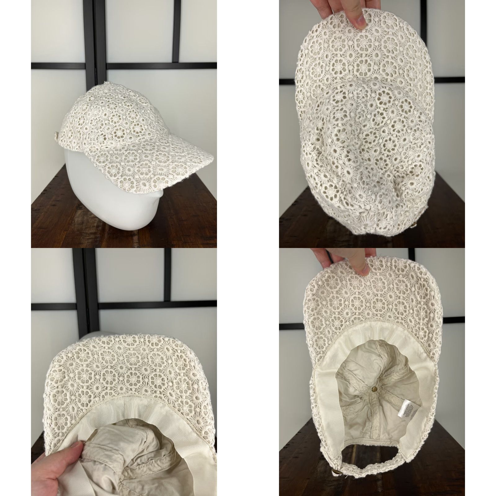 Vintage isa & stef Hat Womens One Size White Crochet Floral Cotton Lined Strap Back Size ONE SIZE - 8 Thumbnail