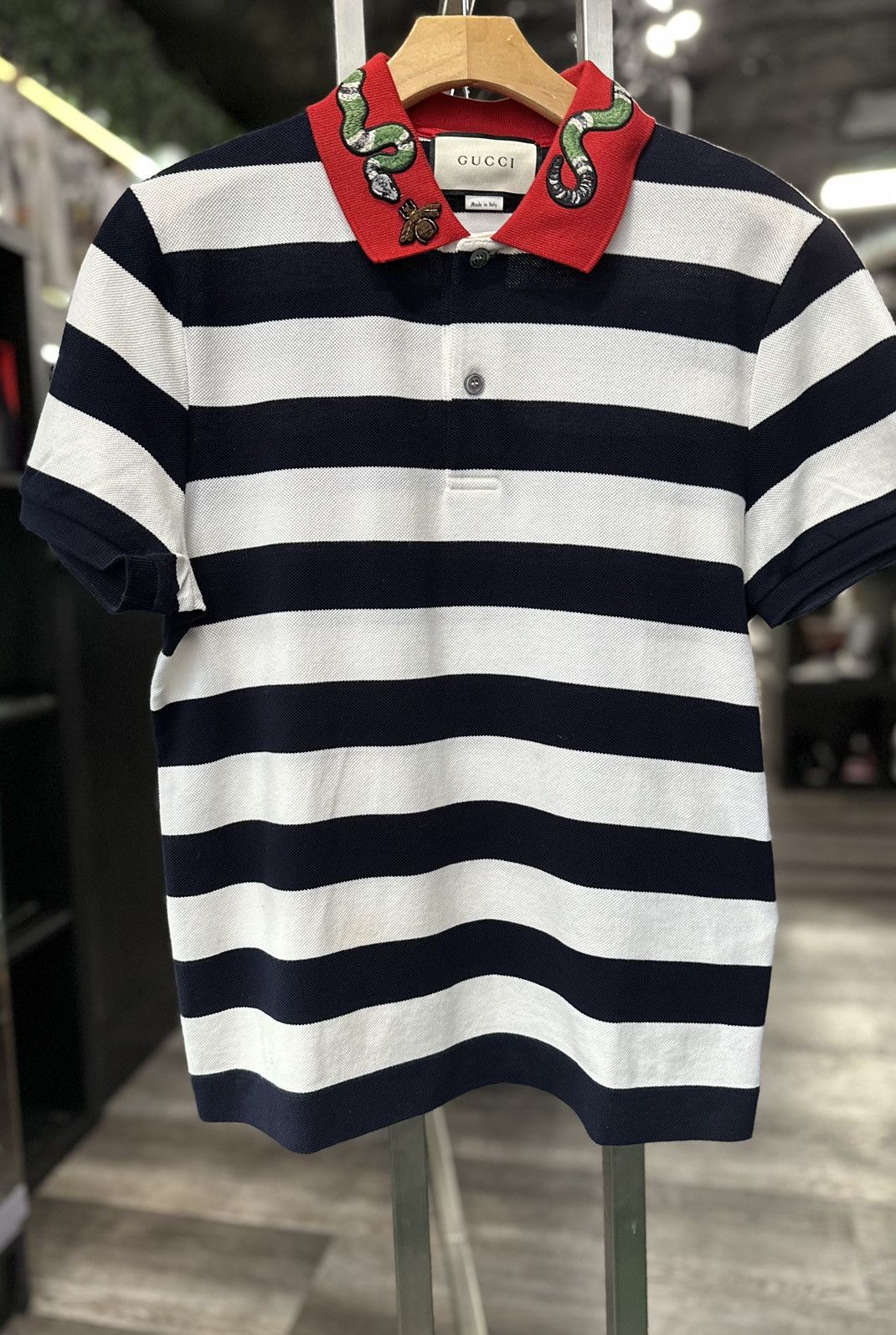 image of Gucci Kingsnake Striped Polo Shirt in White, Men's (Size XS)