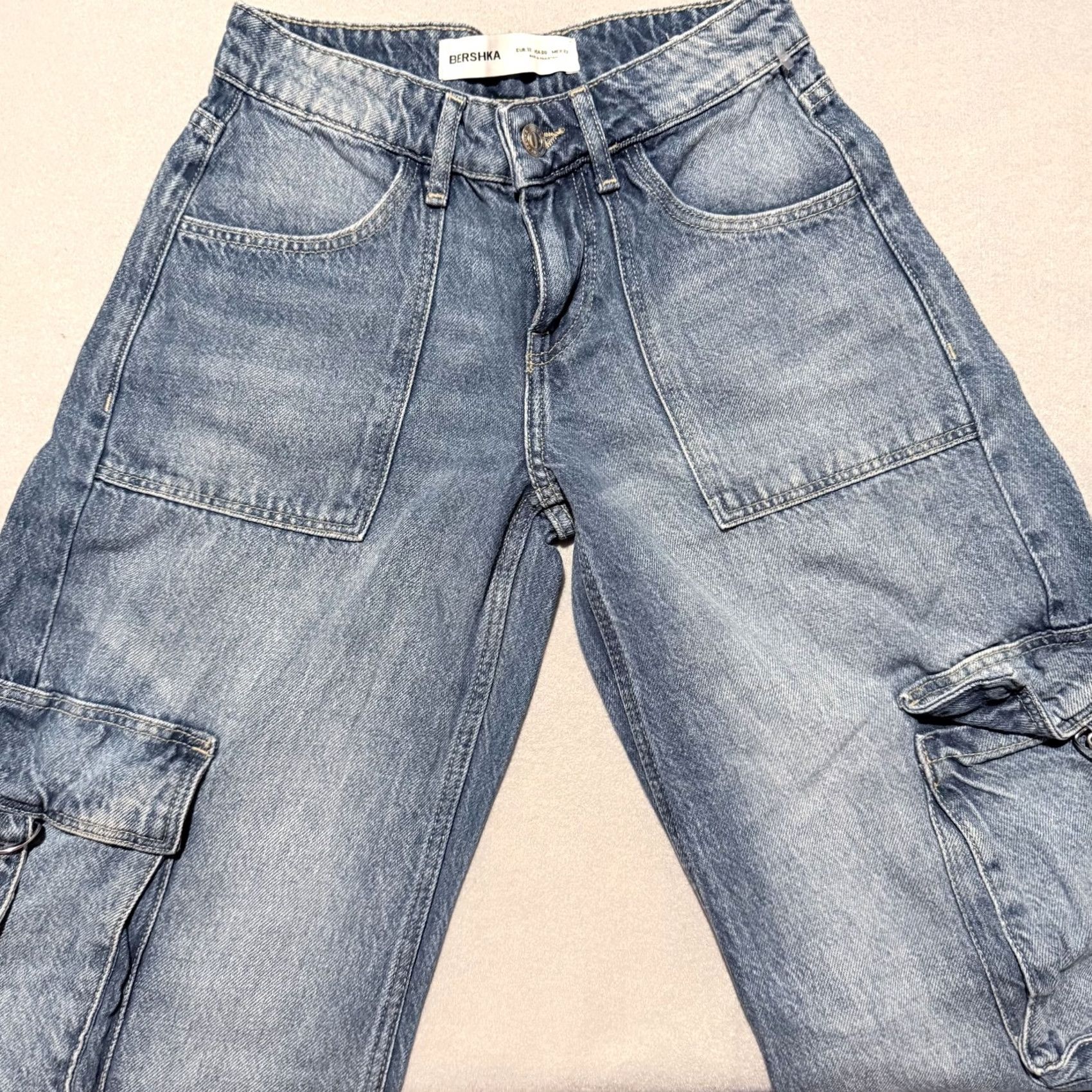 Bershka Bershka Jeans Women Blue Mid Cargo Flared Relaxed Baggy Y2K 00 Vintage City 90s Bohemian Logo Size 24" / US 00 / IT 34 - 3 Thumbnail