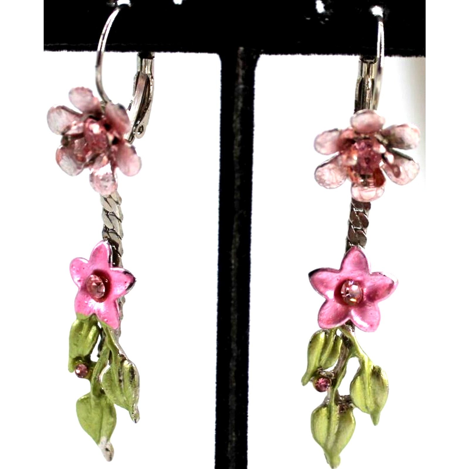 Other Pink Lavender Rhinestone Enamel Earrings •Green Leaves •2.5" Size ONE SIZE - 3 Thumbnail