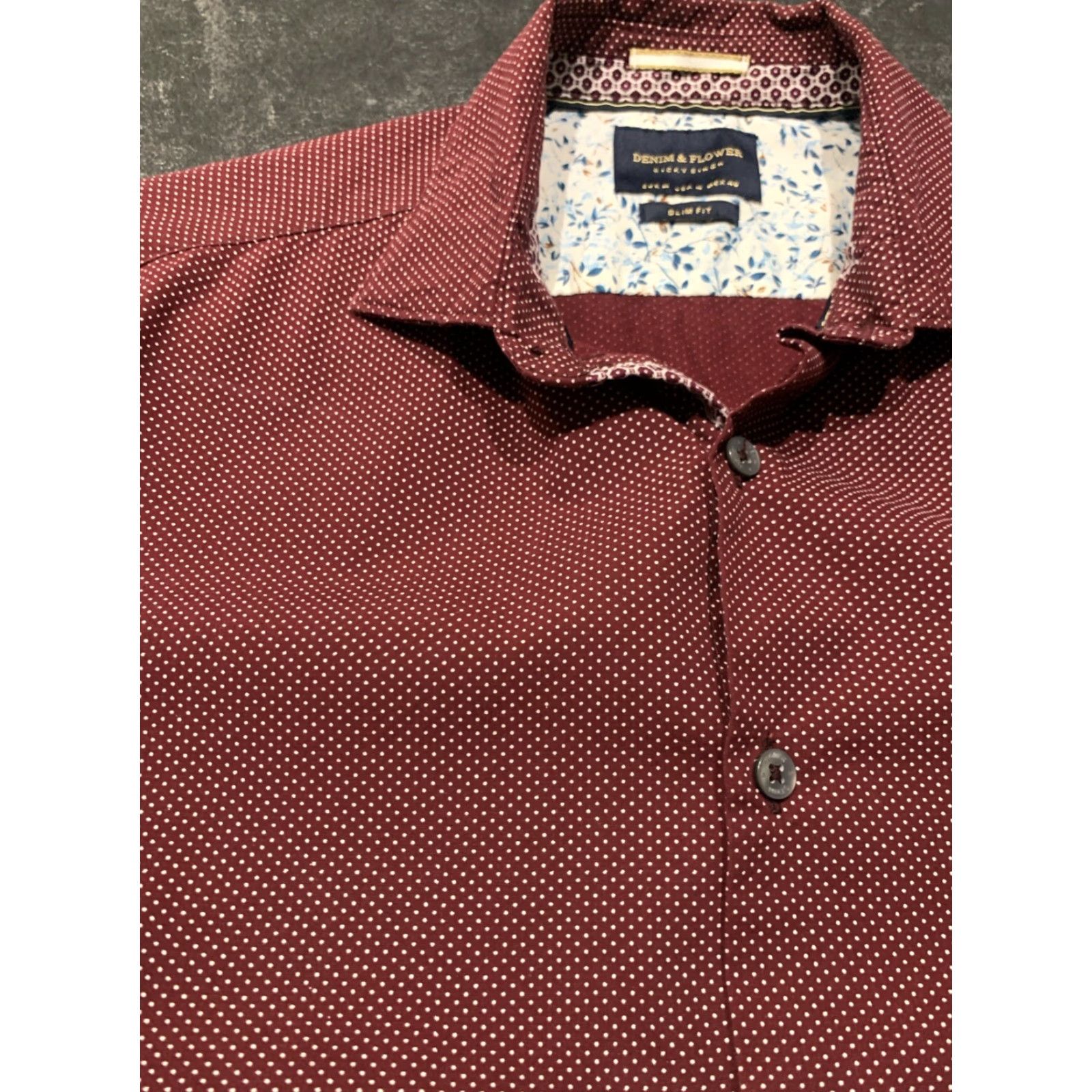 Denime VINTAGE Denim & Flower Ricky Singh Men Shirt L Short Sleeve Maroon Dots Slim Fit Graphic Print Size US L / EU 52-54 / 3 - 4 Thumbnail