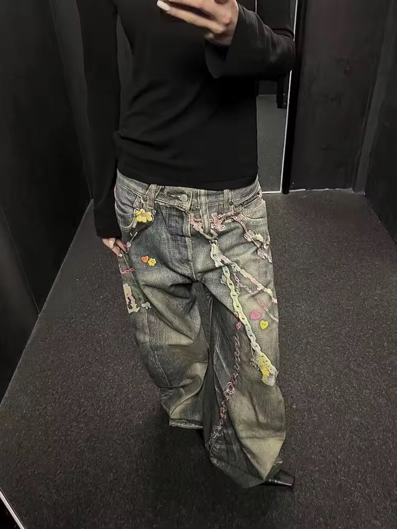 Design Blue 3D Printed Chain Washed Baggy Jeans
