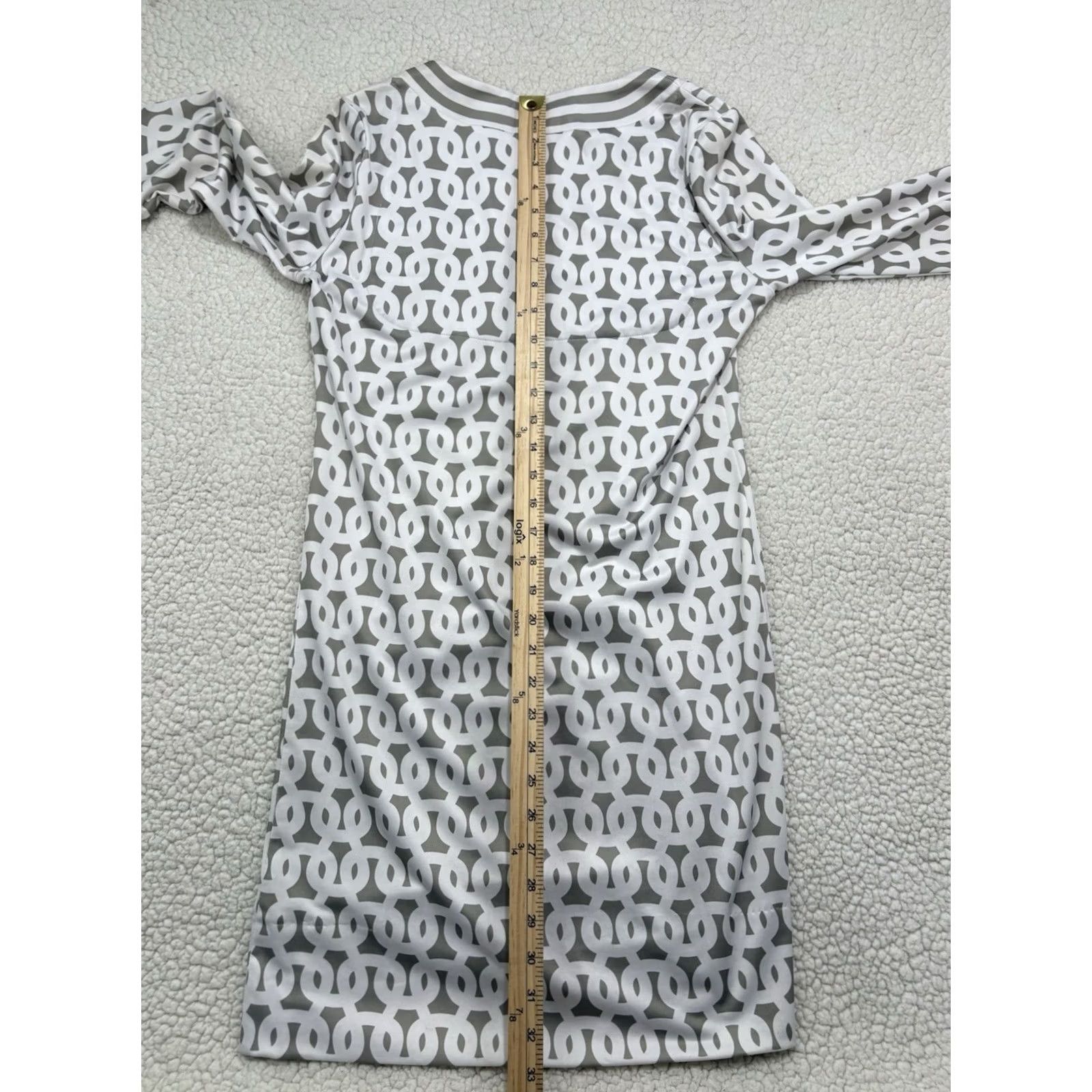 Vintage Gretchen Scott Geometric Knit Jersey Dress Split Neck 3/4 Sleeve XS Grey White Knee Length Size XS / US 0-2 / IT 36-38 - 7 Thumbnail