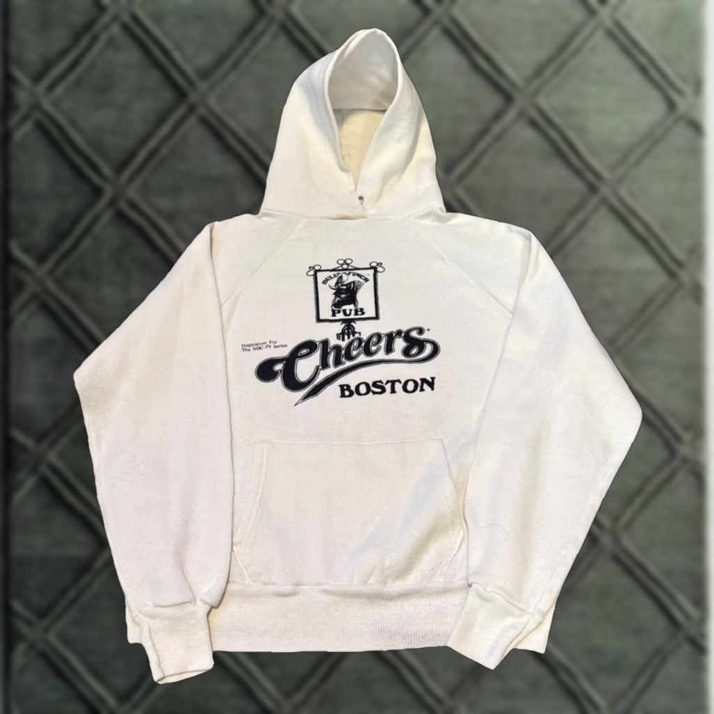 VINTAGE 80s Bull & Finch Pub CHEERS Bar Boston Promo Hoodie Sweatshirt White M Mens Unbranded Unisex Adults Pullover