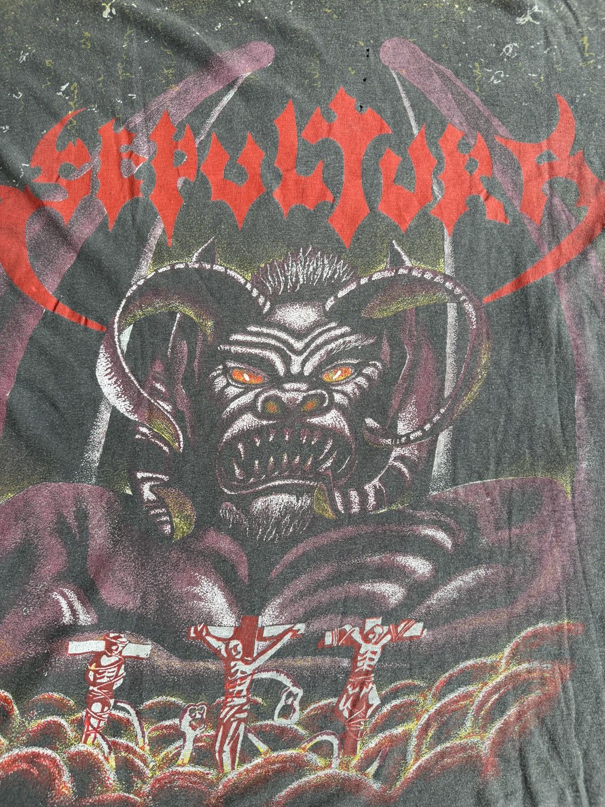 Band Tees × Vintage *RARE* VINTAGE 90s SEPULTURA METAL AOP GOD CROSS DEATH SATAN Size US XL / EU 56 / 4 - 10 Thumbnail