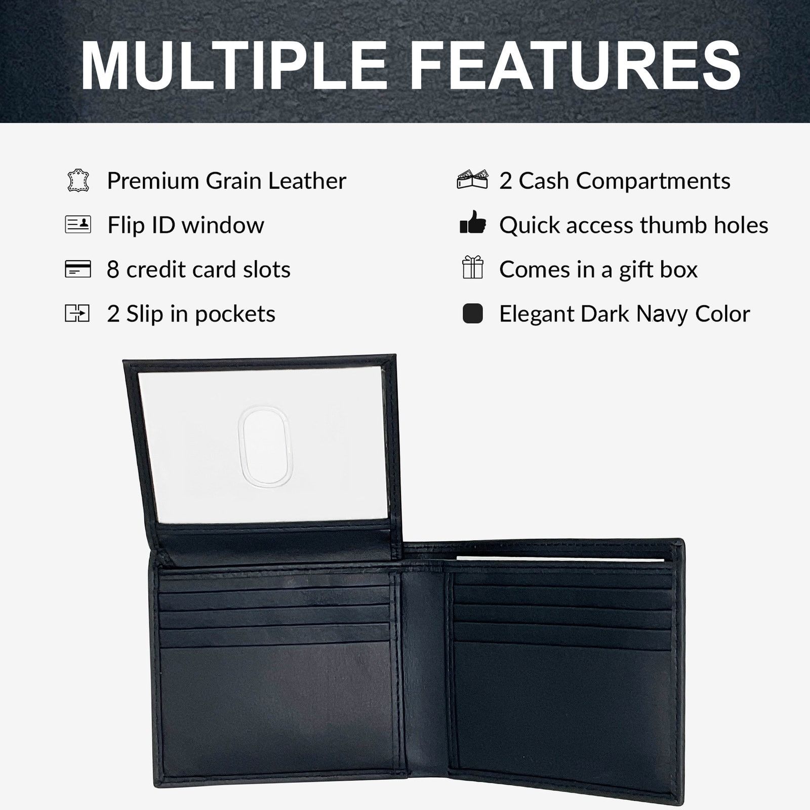 Handmade Men's minimalist dark navy leather wallet with ID window Size ONE SIZE - 3 Thumbnail