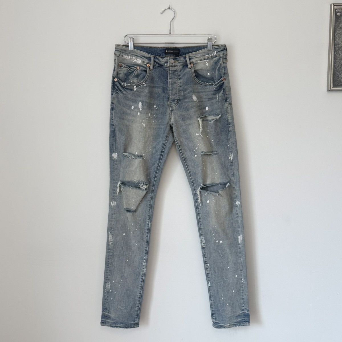 Purple Brand Purple Brand P001 Light Indigo Paint Blowout Distress Jeans Size US 34 / EU 50 - 2 Thumbnail