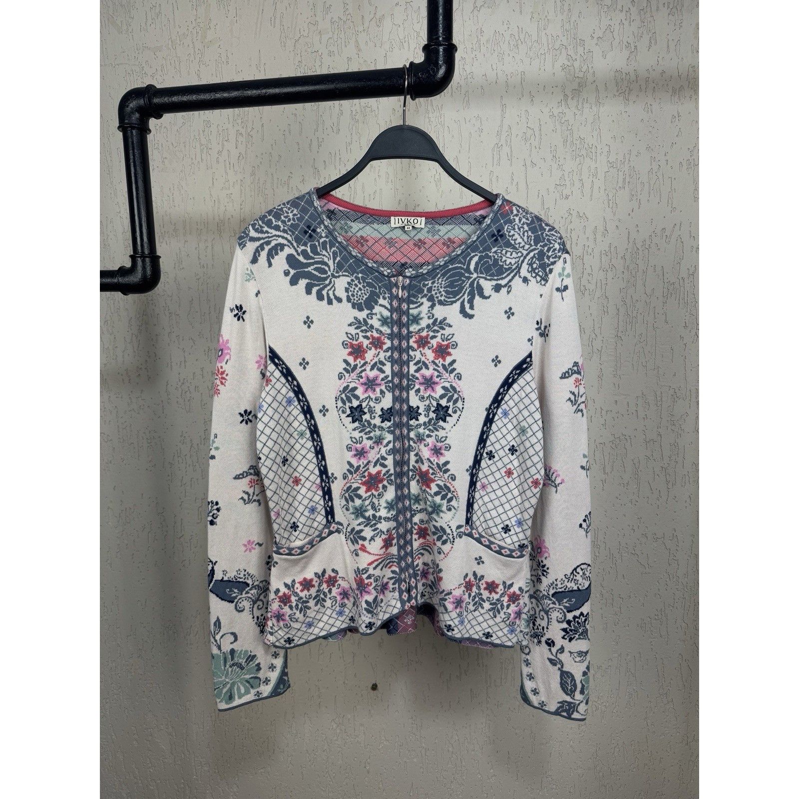 Other IVKO Beige Floral Cotton Long Sleeve Zip Up Top Jacket Blous Size M / US 6-8 / IT 42-44 - 2 Thumbnail