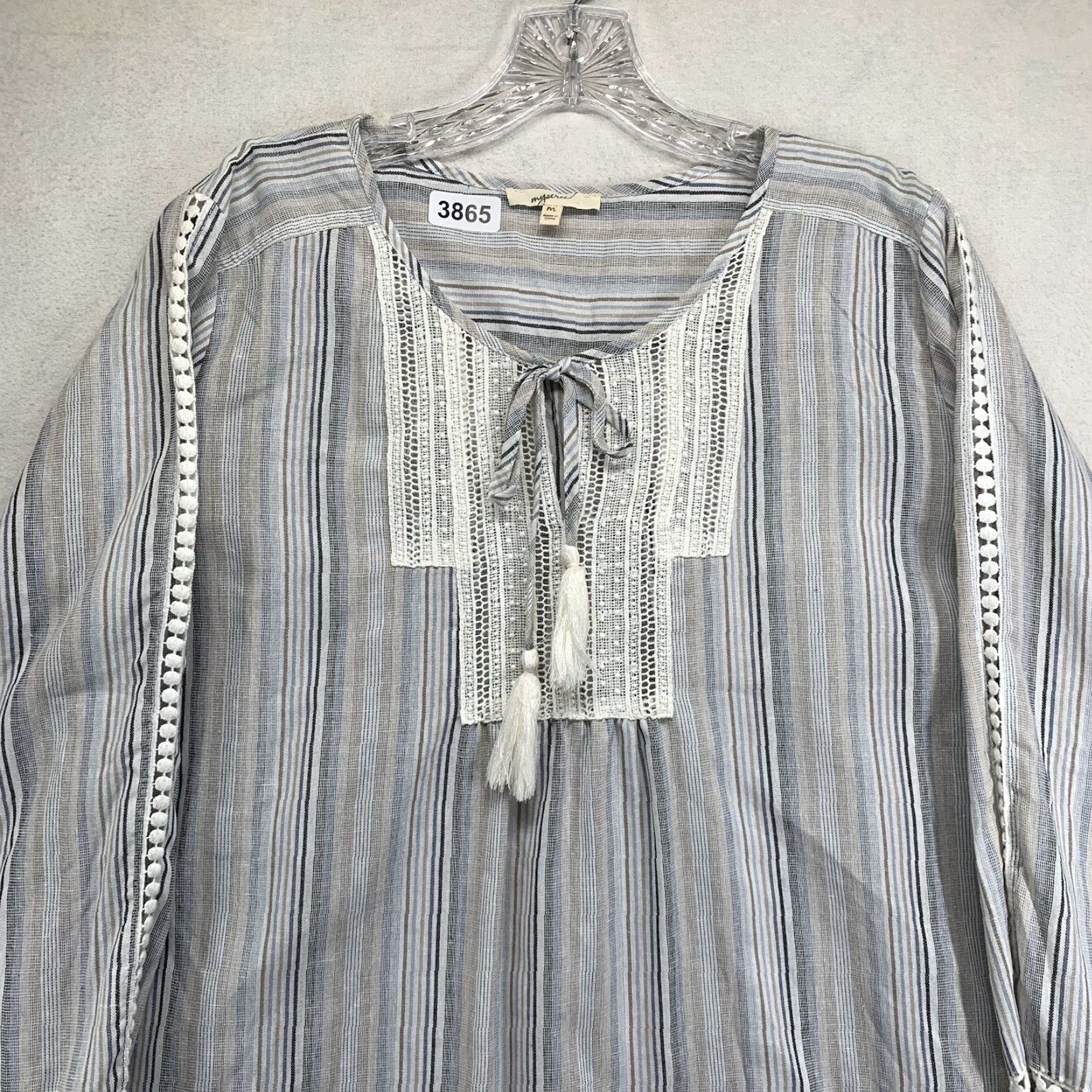 Vintage VINTAGE Mystree Women’s Medium Tunic Top Blouse Tie Neck Semi Sheer Stripes Earth Tones Boho Beach Summer Fashion Womens Size M / US 6-8 / IT 42-44 - 2 Thumbnail