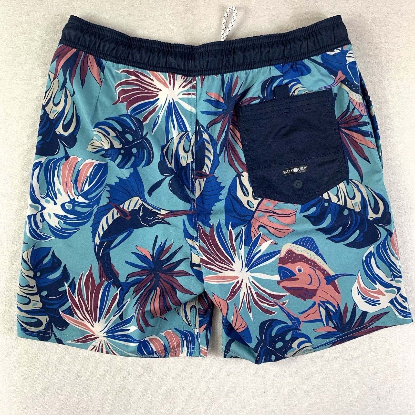 Vintage Salty Crew Swim Trunks Shorts Mens Medium Blue Pink Sailfish Mahi Elastic Waist Beach Fishing Athletic Tropical Size US 31 - 6 Thumbnail