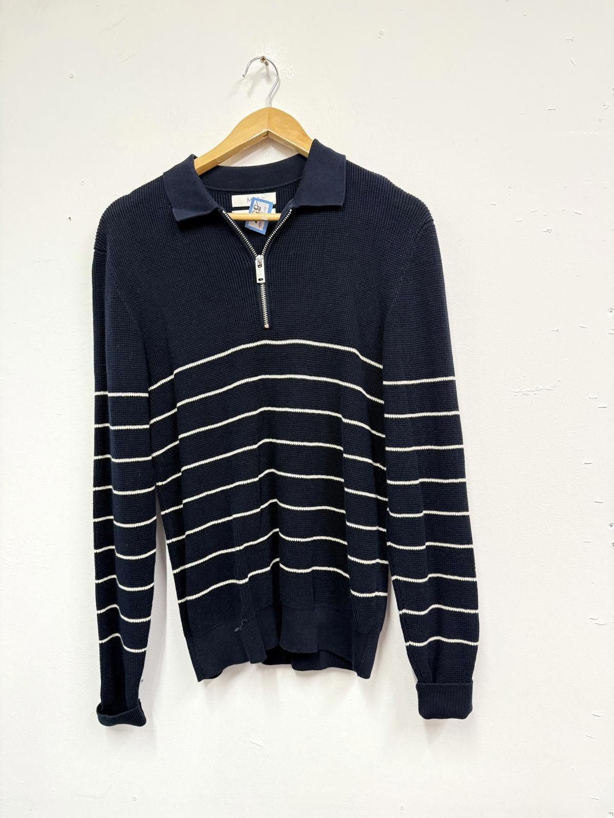 M.E. Sport M&S Navy Blue Cotton Modal Half-Zip Sweater with White Stri Size US S / EU 44-46 / 1 - 1 Thumbnail