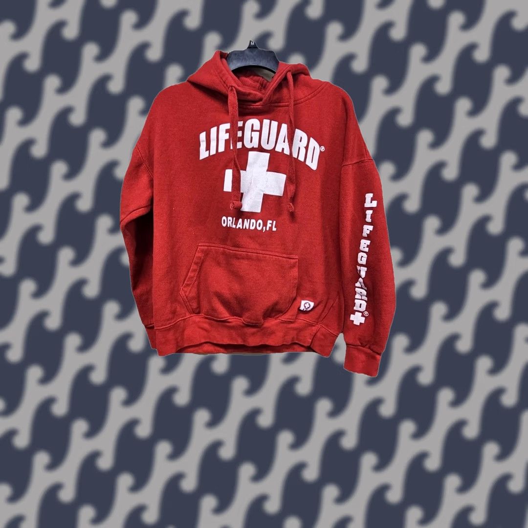 Vintage Lifeguard Red Pullover Hoodie Sweatshirt Large Men Logo Drawstring Hooded Beach Swimming Orlando FL Green? Size US L / EU 52-54 / 3 - 1 Thumbnail