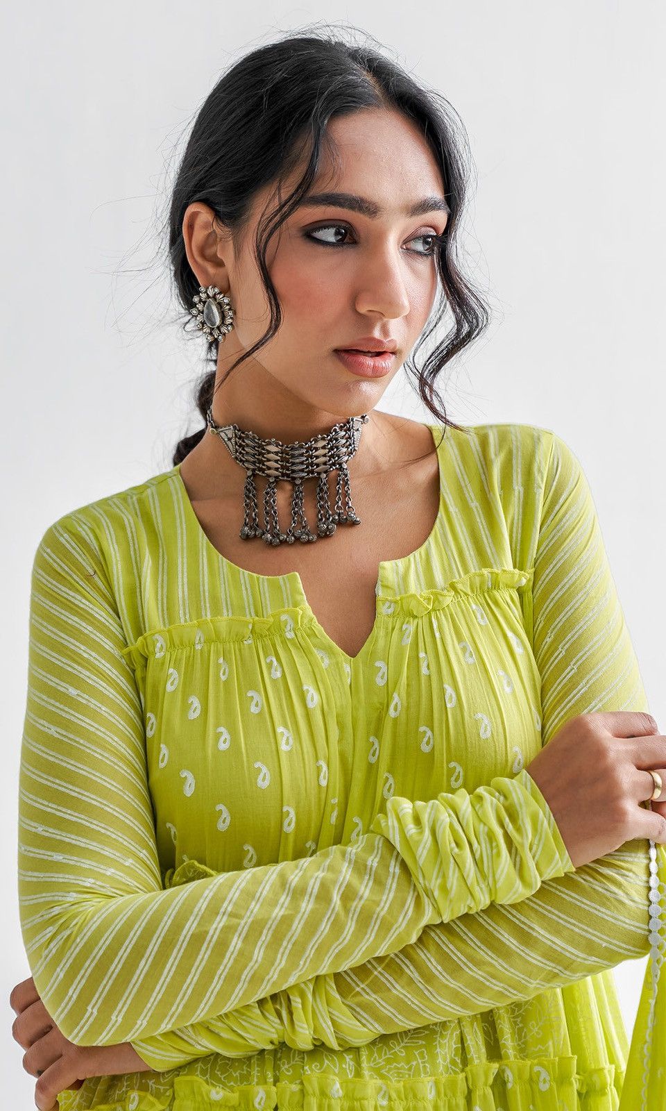 Other Firdaus Khari Lime Green Printed Tiered Anarkali - Set Of 3 Size L / US 10 / IT 46 - 3 Thumbnail