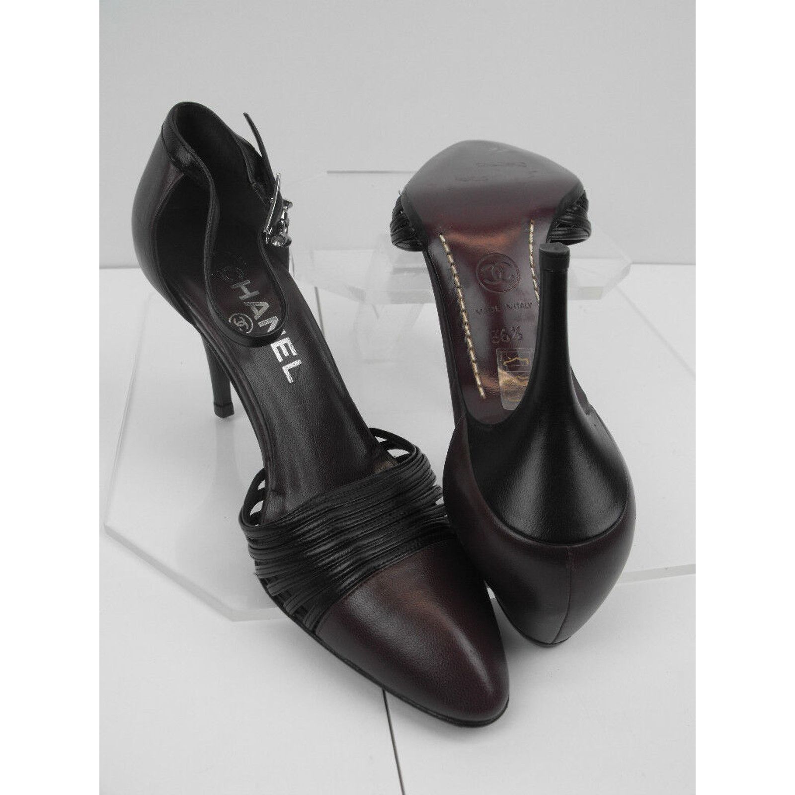 Chanel TWO TONE PLEATED LEATHER ANKLE STRAP CRYSTALS PUMPS 36.5 Size US 6.5 / IT 36.5 - 4 Thumbnail