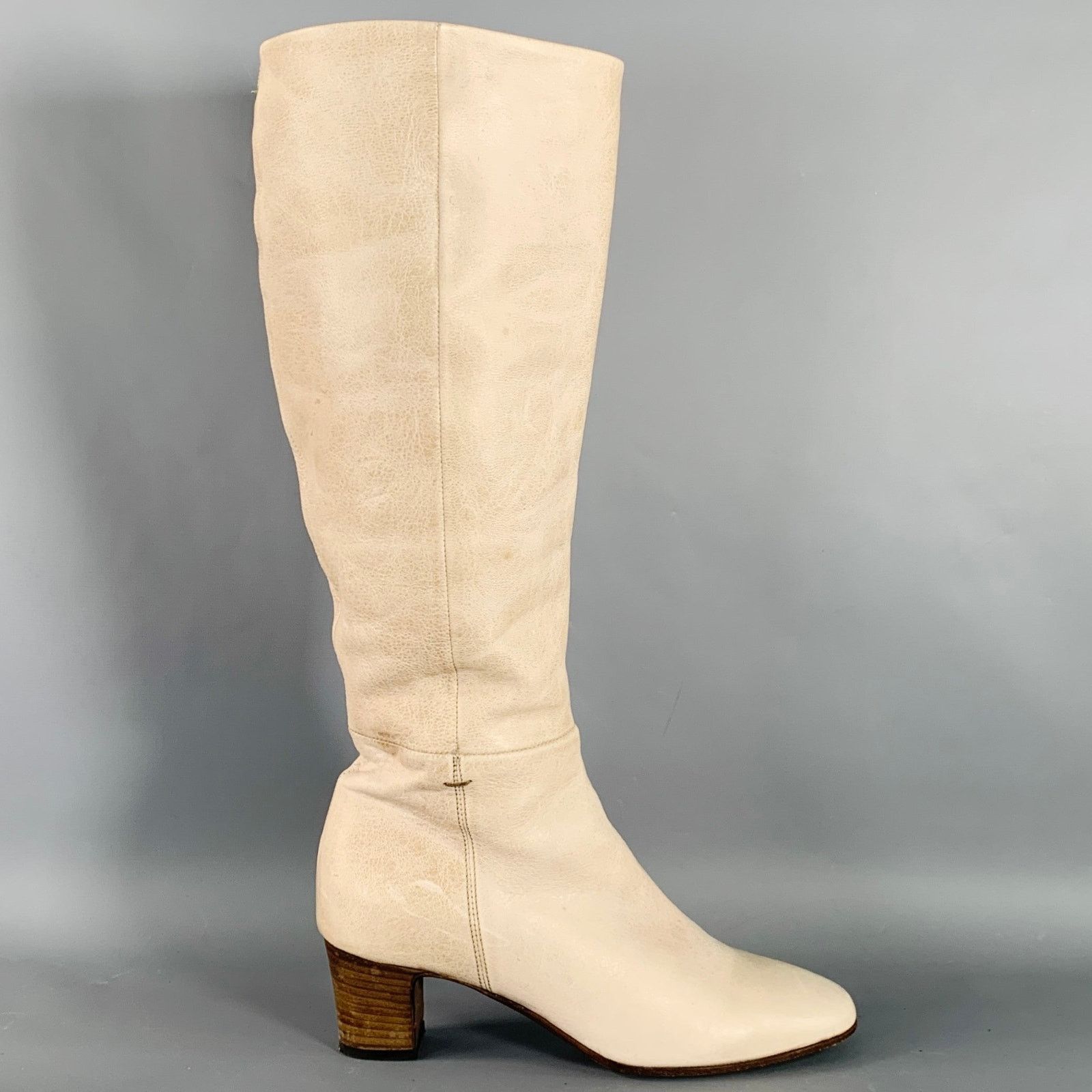 Pantanetti PANTANETTI Beige Leather Stacked Heel Calf High Boots Size US 7.5 / IT 37.5 - 2 Thumbnail