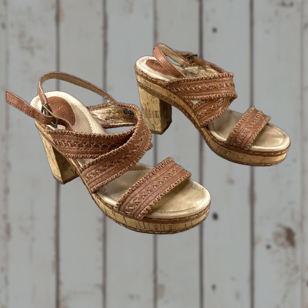 Fossil Fossil Brown Leather Braided Knit Cork 3" Heel Sandal Boho Western Buckle 7.5 Size US 6 / IT 36 - 1 Thumbnail