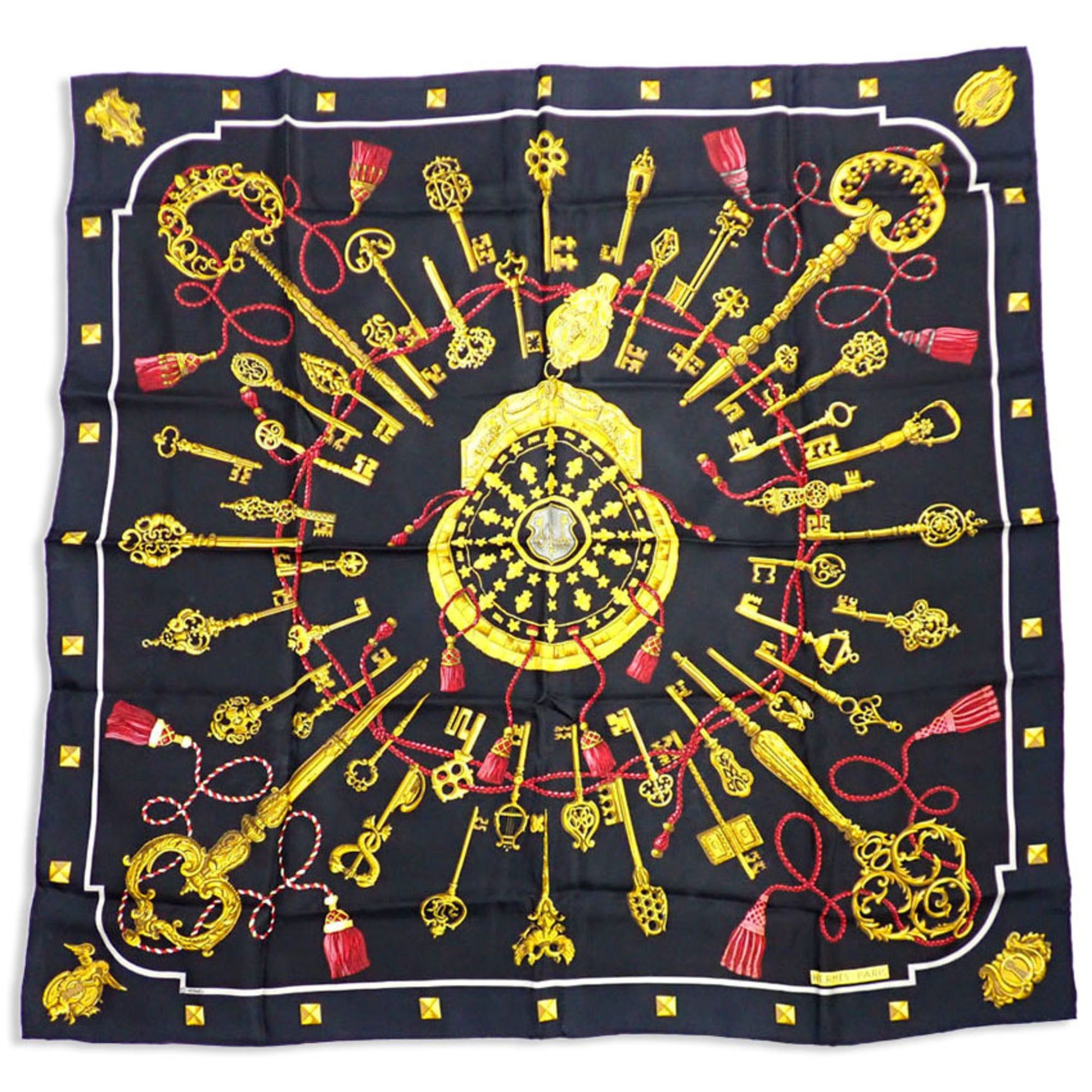 image of Hermes Silk Les Cles Key Pattern Scarf Muffler in Black, Women's