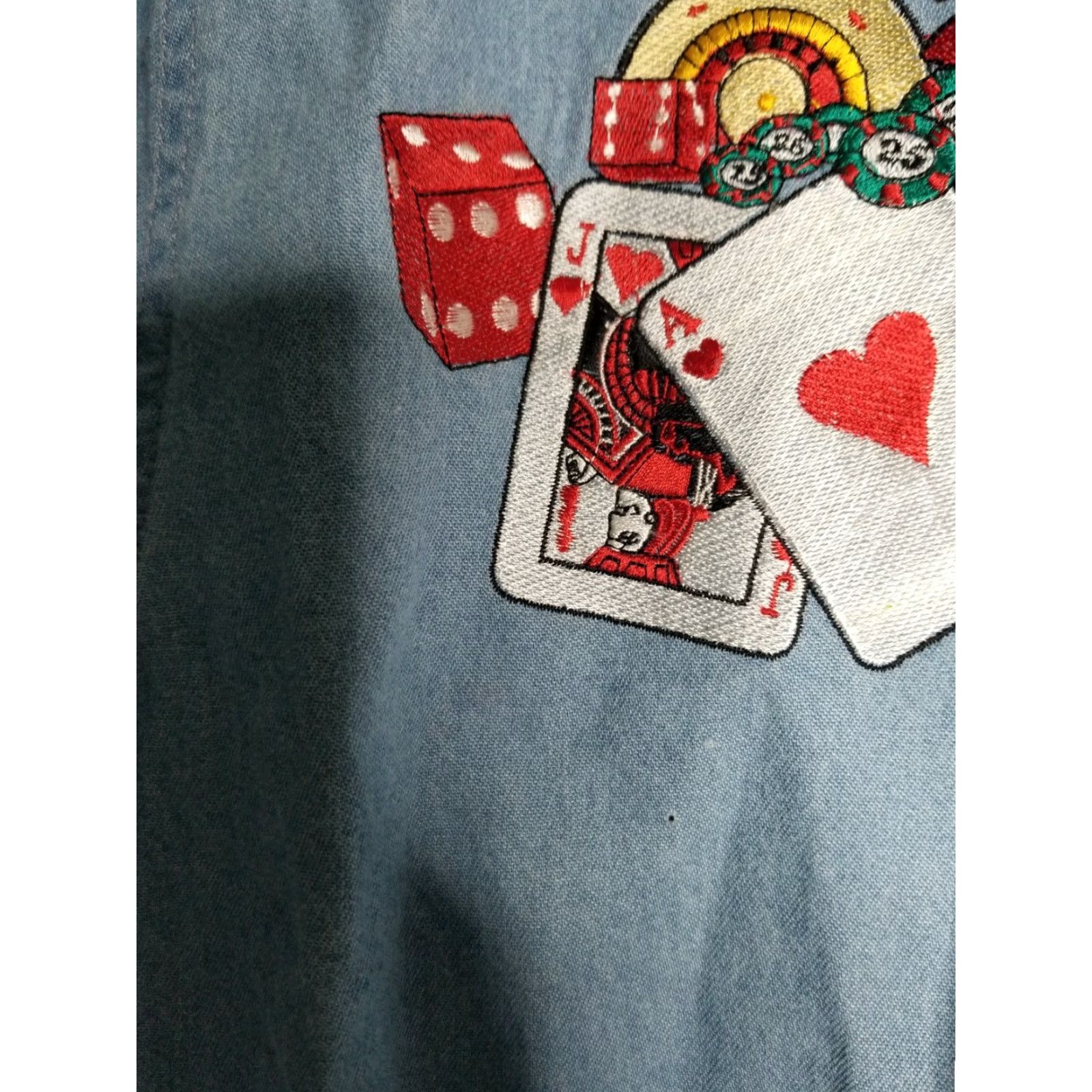 Denime VINTAGE Passion-I Lucky Casino Cards Embroidered Denim Shirt Women’s L Distressed 1990s Blue Shirt Mens Womens? Size L / US 10 / IT 46 - 3 Thumbnail