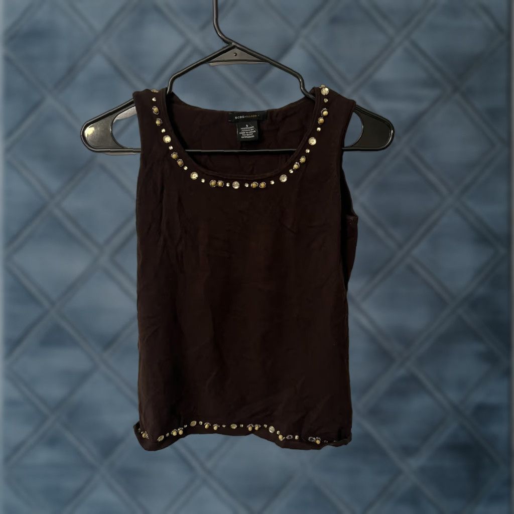 Bcbgmaxazria VINTAGE BCBGMAXAZRIA Women's Tank Top S Round Neck Studded Viscose Blend Maroon 80s Size S / US 4 / IT 40 - 1 Thumbnail