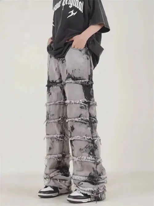 Japanese Brand Striped Tassel Frayed Straight Baggy Jeans Size US 32 / EU 48 - 3 Thumbnail