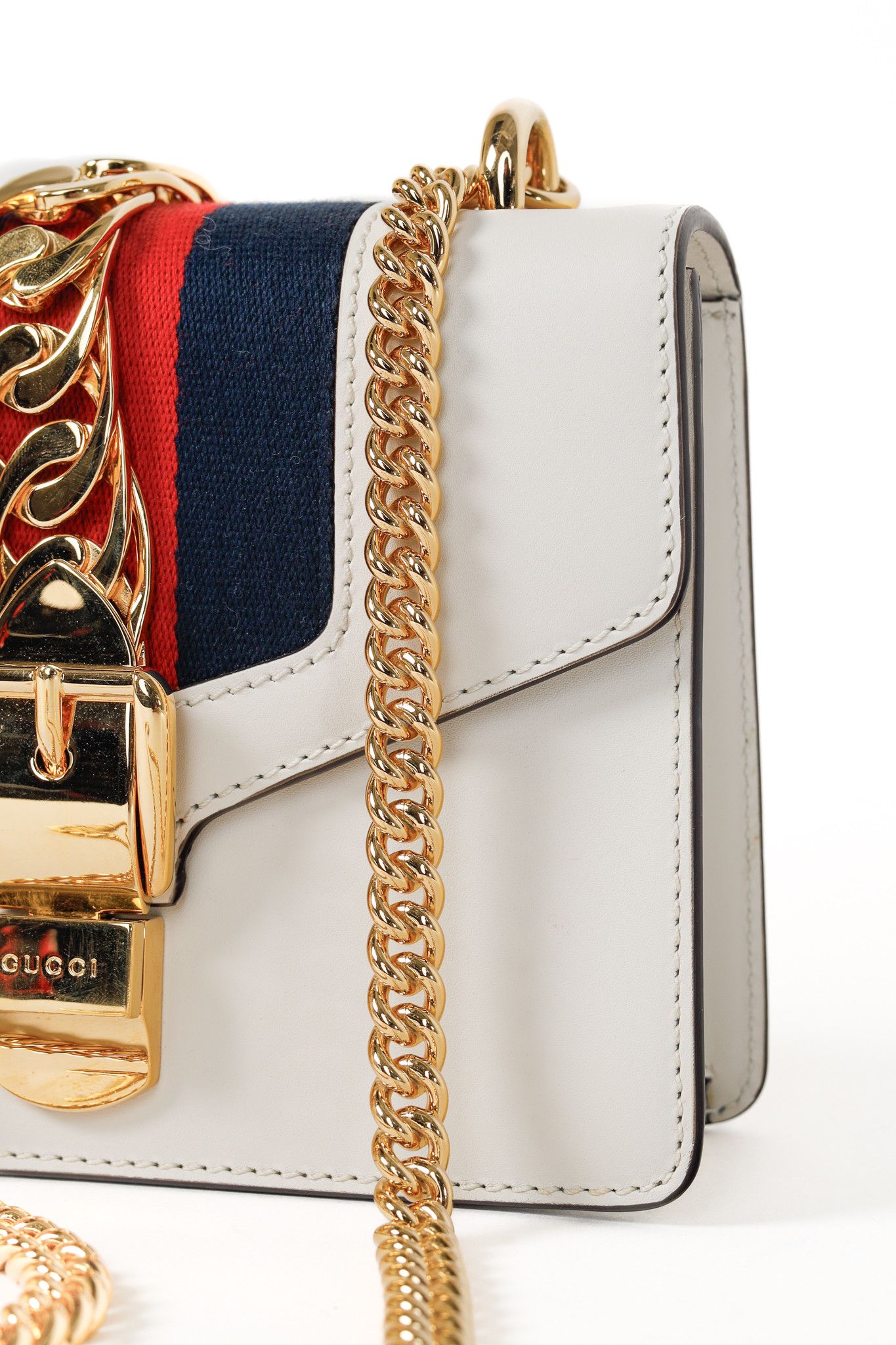 Gucci Gucci Sylvie Mini Chain White Leather Stripe-Web Bag Size ONE SIZE - 7 Thumbnail