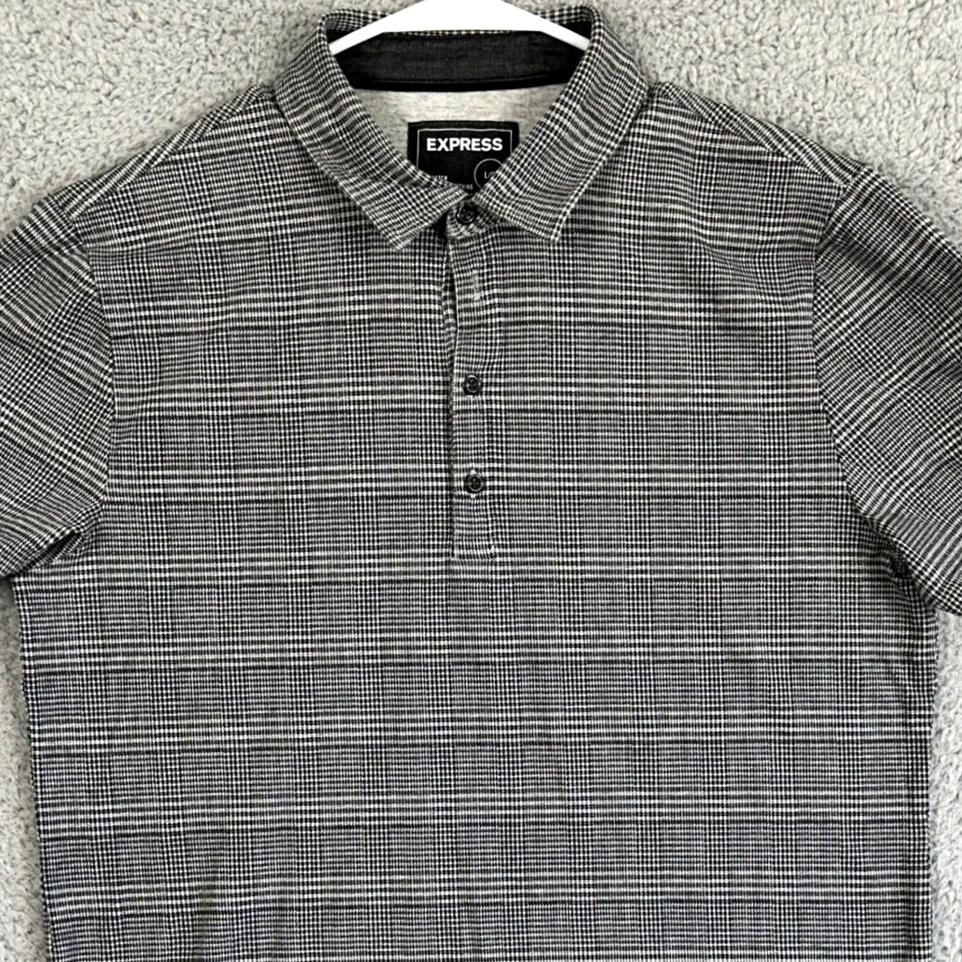 Express VINTAGE Express Polo Shirt Mens Large Gray Black Houndstooth Short Sleeve Stretch Rugby Size US L / EU 52-54 / 3 - 2 Thumbnail