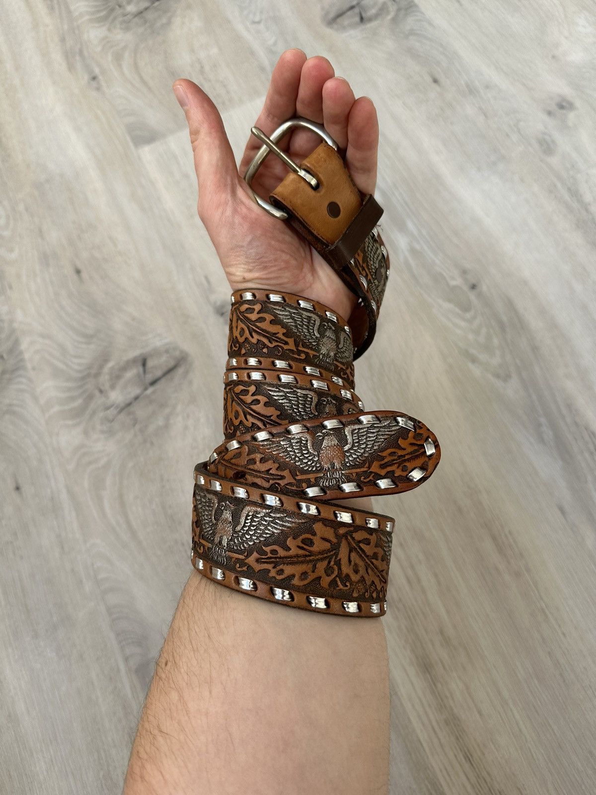 Leather × Vintage Vintage Leather Belt Y2K Rhinestones Punk Western Eagles Size 34 - 1 Thumbnail