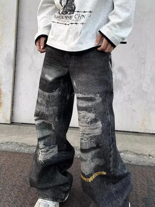 VIBE Disstressed Baggy Washed Wide Leg Jeans Size US 30 / EU 46 - 4 Thumbnail