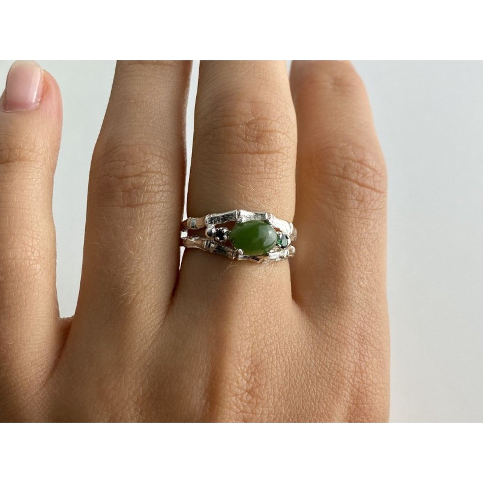 Jewelry 925 STERLING SILVER NEPHRITE ( JADE ) & EMERALDS RING SIZE 8 Size ONE SIZE - 5 Thumbnail